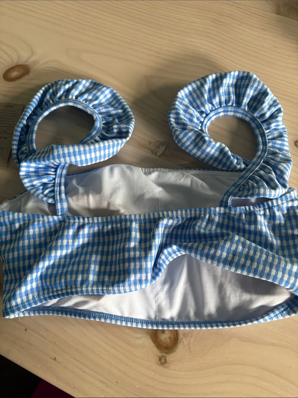Albion Women’s bikini top. Blue and white gingham with ruffled strap